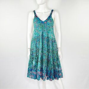 ZARI Turquoise Floral Paisley Swing Dress Size M V-Neck Sleeveless Boho Artsy